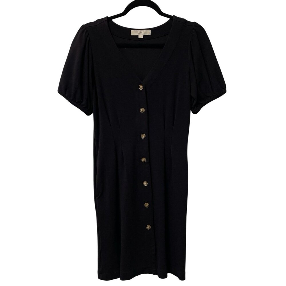 LOFT DRESS BUTTON FRONT PLEATED FEMININE PEASANT KNIT MINIMAL POCKETS SIZE 6 BLK
